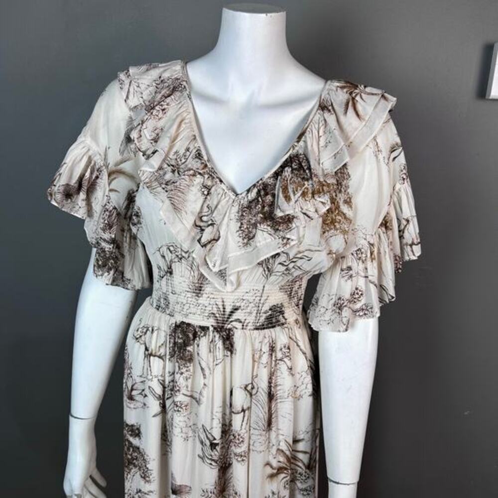 Sandro Dress 34 / XS / 2 Midi Toile‎ Ruffle Safari Print Cotton Victorian Jolay - Picture 3 of 16